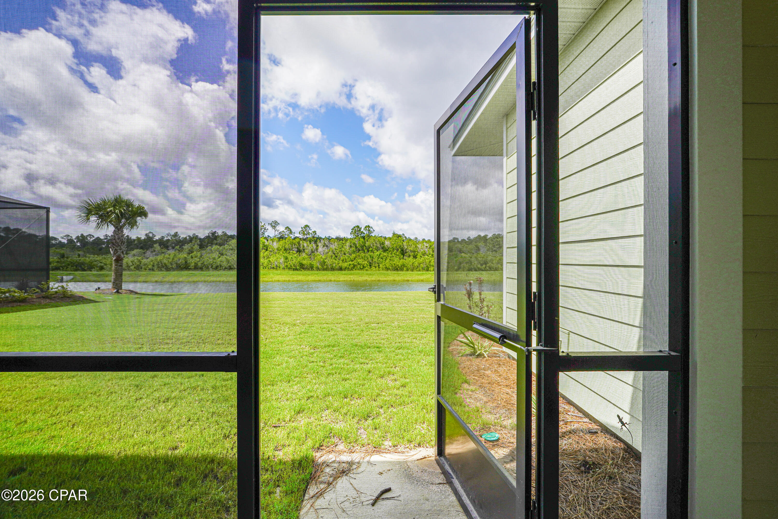 Screened patio opens onto a green lawn and pond, with a palm tree and wooded tree line beyond.