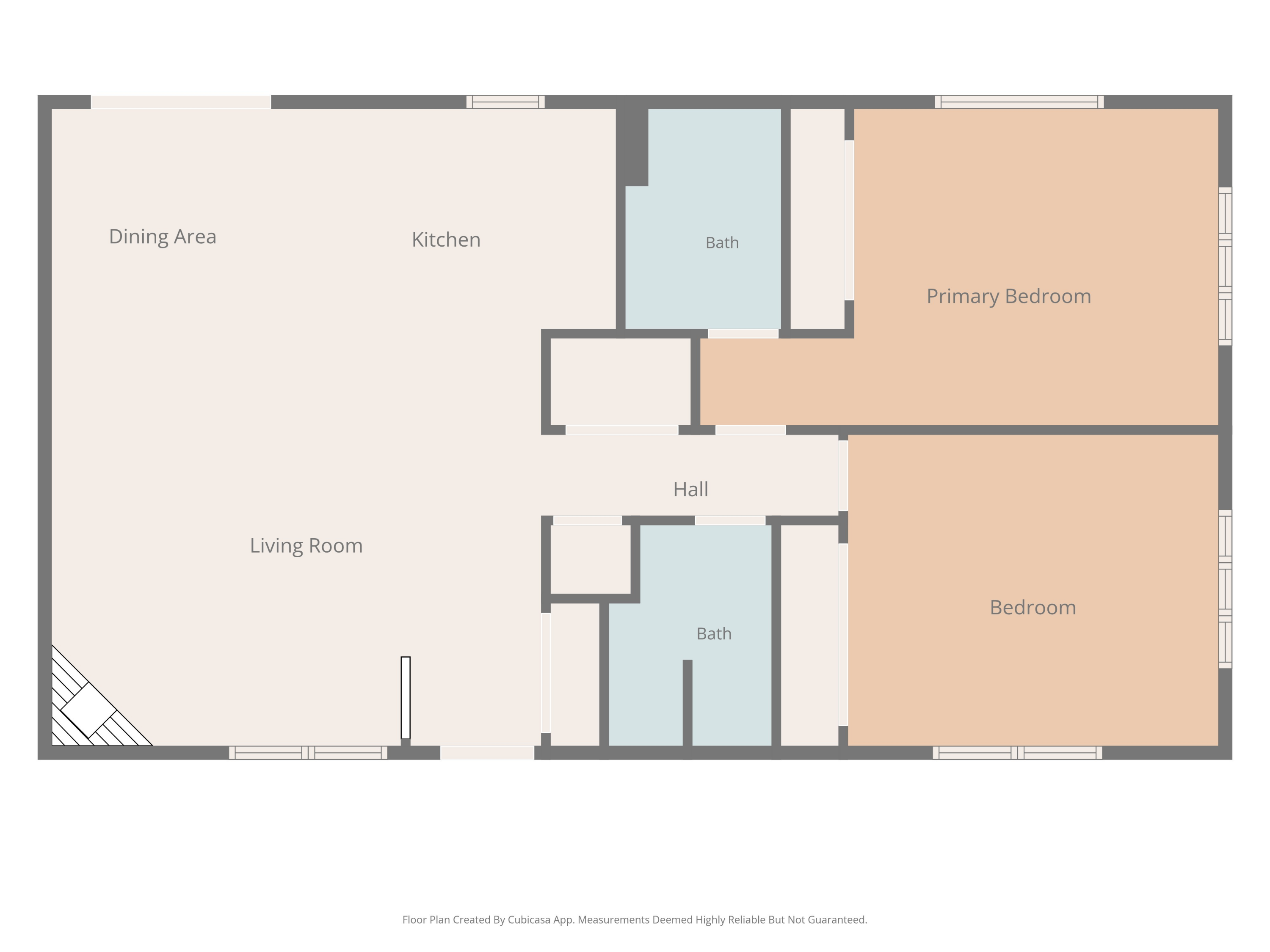Floor plan with two bedrooms, two bathrooms, and an open living, dining, and kitchen area.