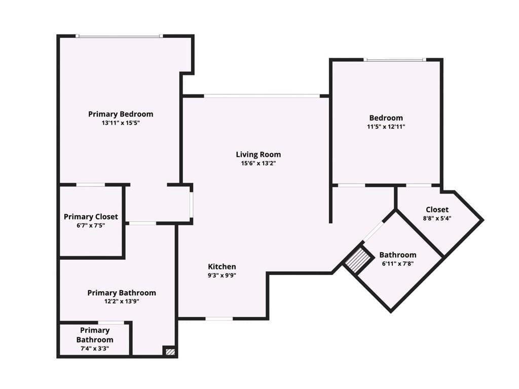 Two-bedroom condo floor plan with a central living room and kitchen and a primary suite with two bathrooms.