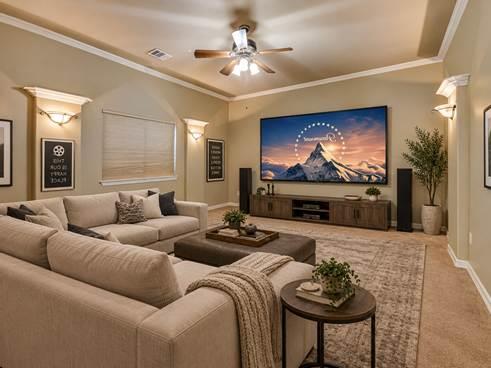 Living room with a beige sectional, tray ceiling, and television above a media console.