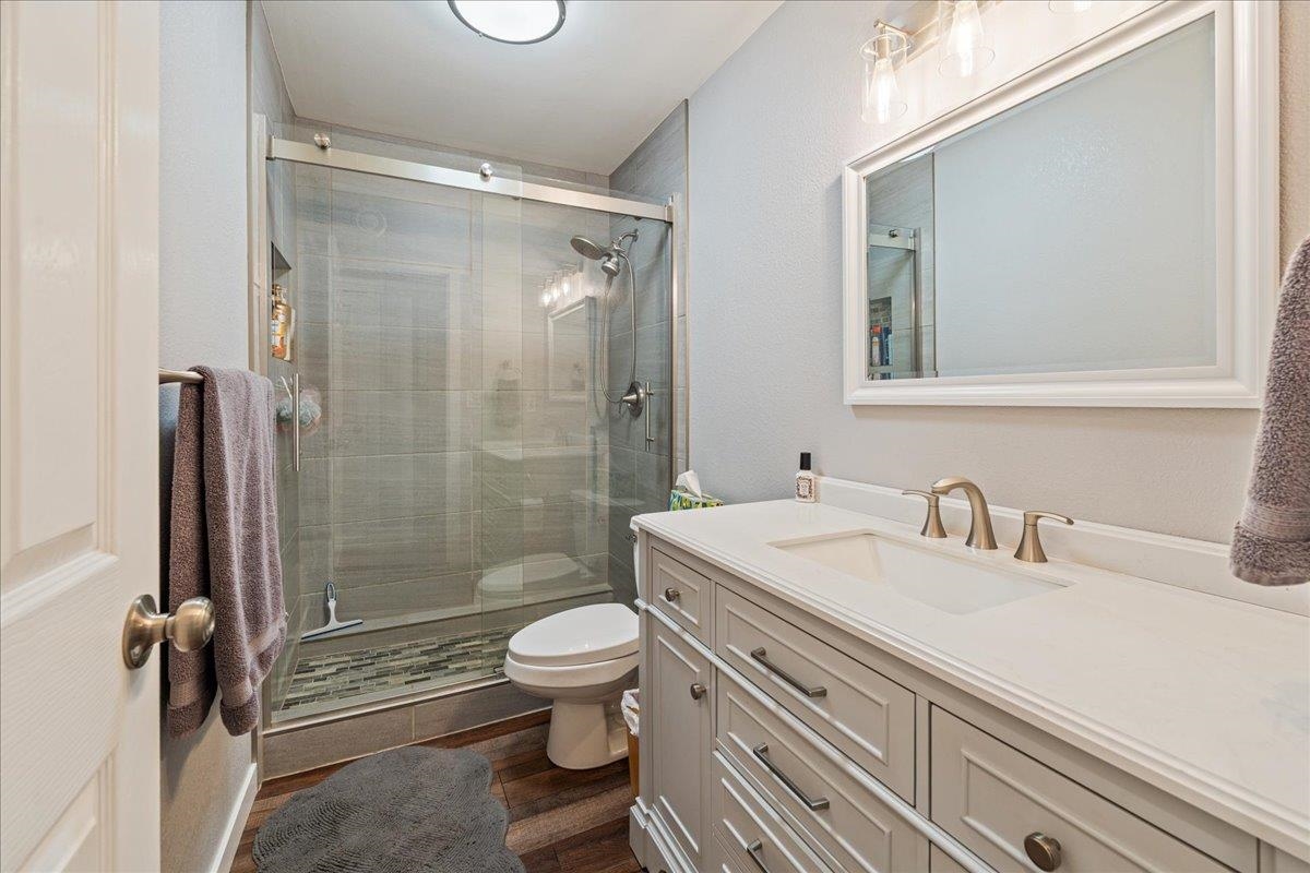 Bathroom with a glass shower, white vanity, large mirror, and wood-look flooring.
