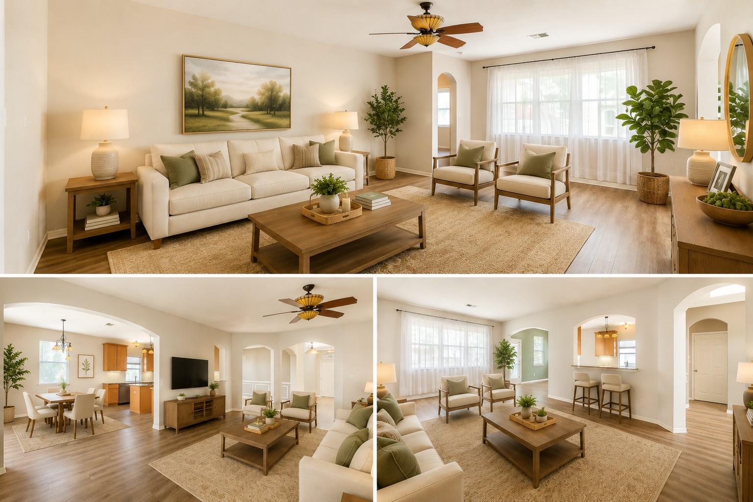 Staged living room with cream seating, a wood coffee table, bright windows, and views into the dining area and kitchen.