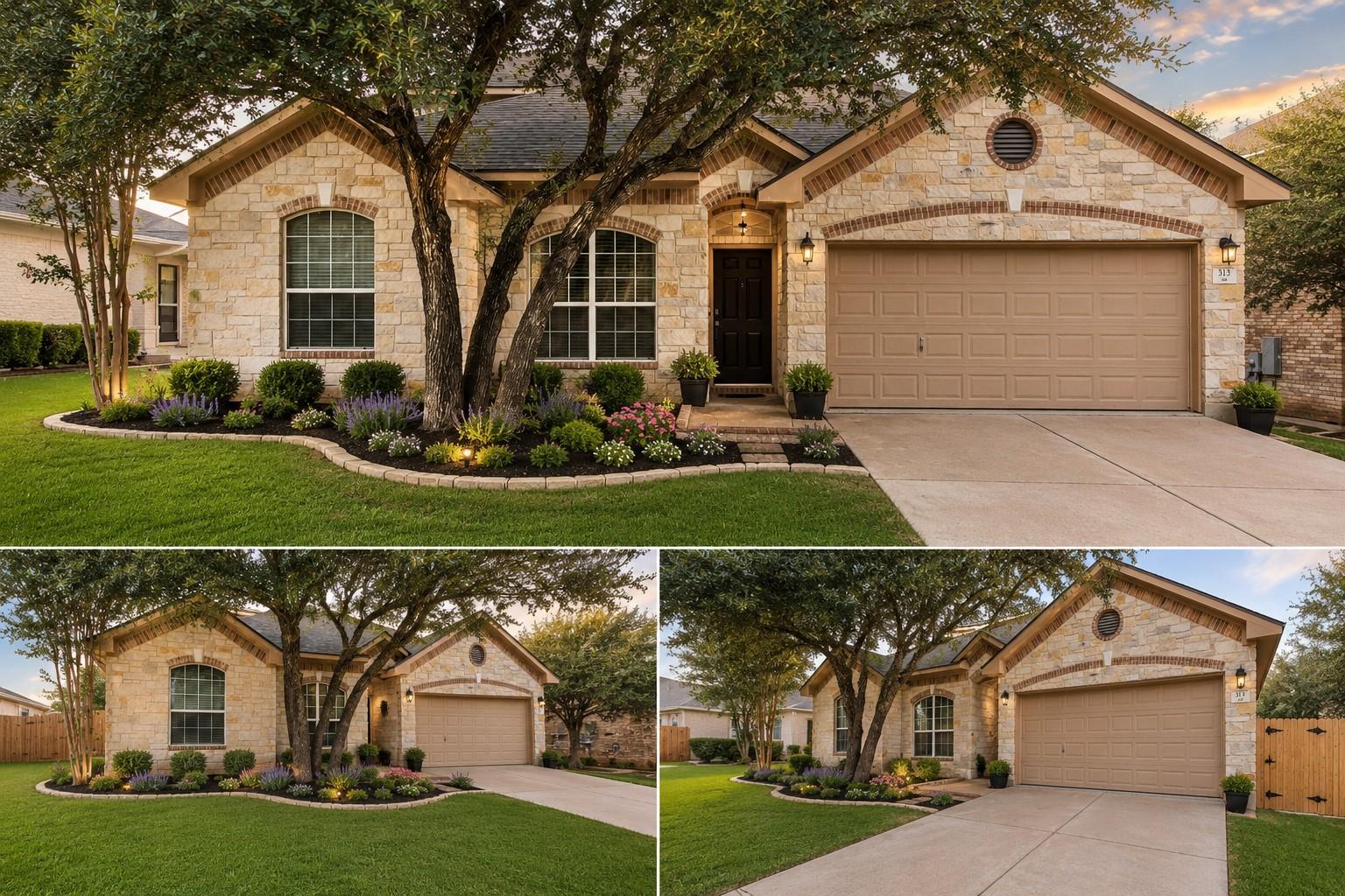 Stone-front single-story home with a two-car garage, mature tree, and landscaped front yard.
