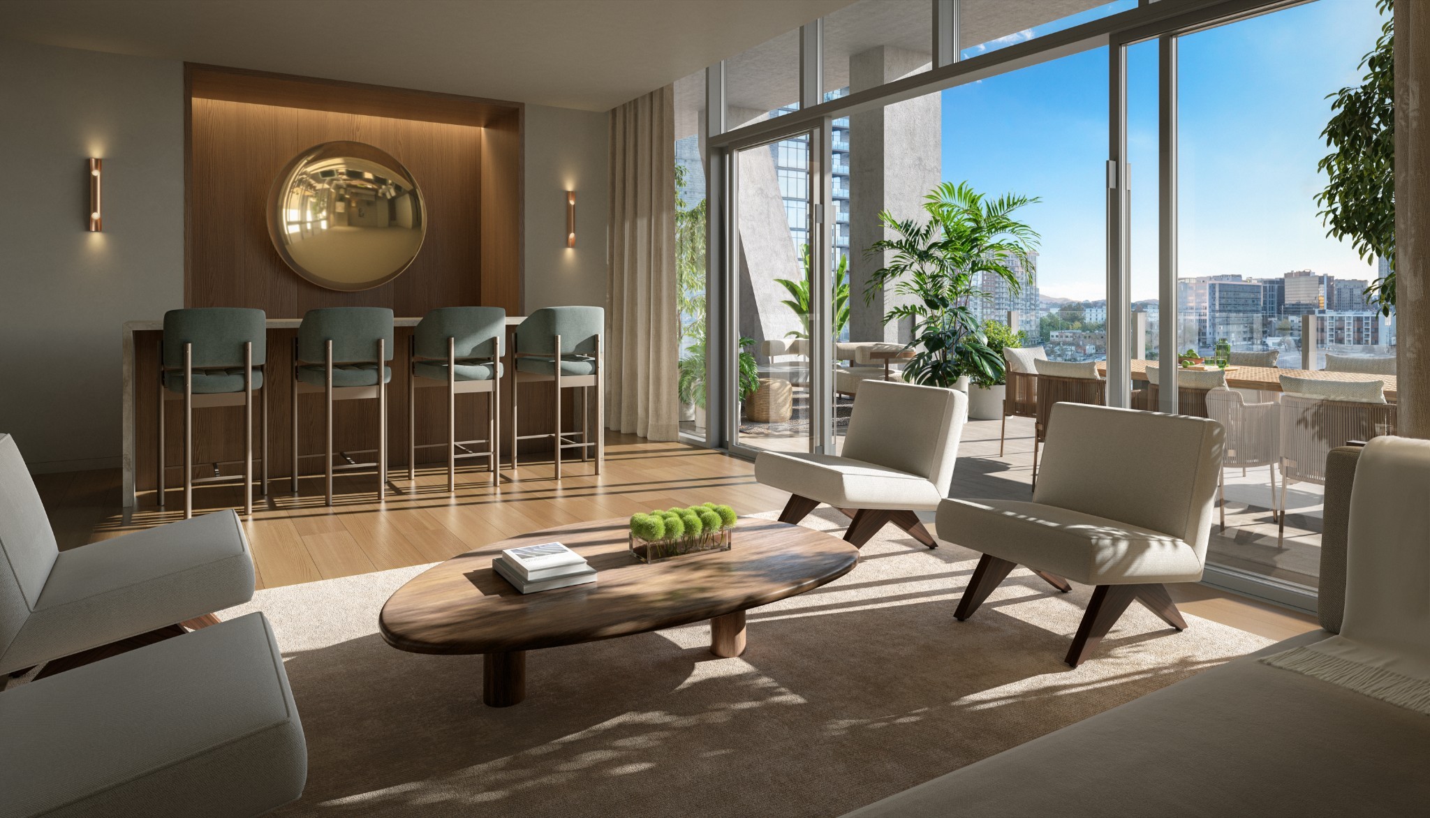 Furnished condo living room with floor-to-ceiling windows, a dining bar, and city views.