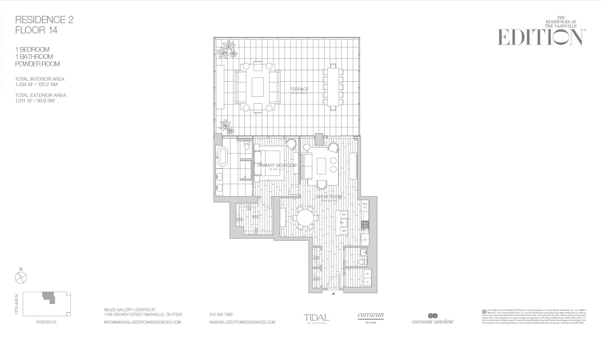 14th-floor one-bedroom residence floor plan with a powder room, great room, and large terrace.