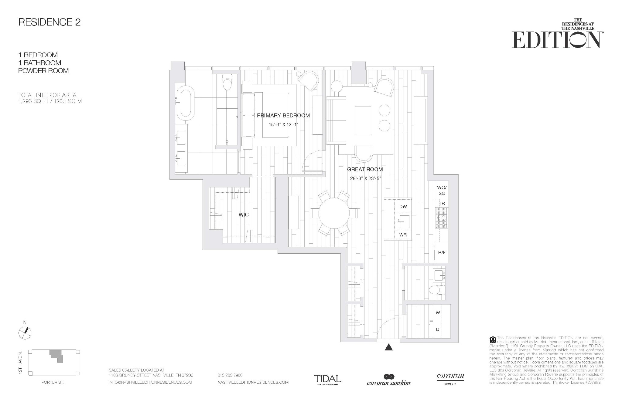 Residence 2 floor plan with one bedroom, a great room, powder room, and 1,293 square feet.