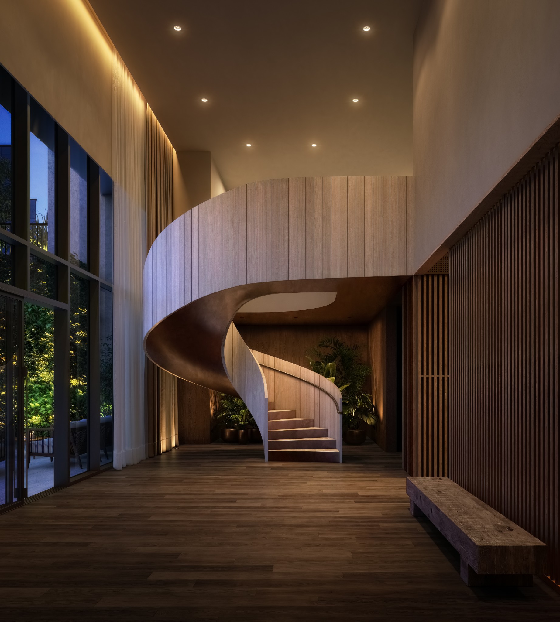 Modern lobby with a dramatic curved staircase, tall windows, and warm wood finishes.