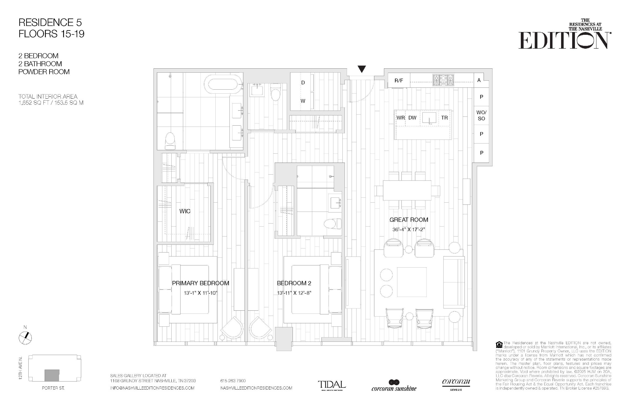 Residence 5 floor plan showing two bedrooms, a great room, kitchen, two bathrooms, and a powder room.