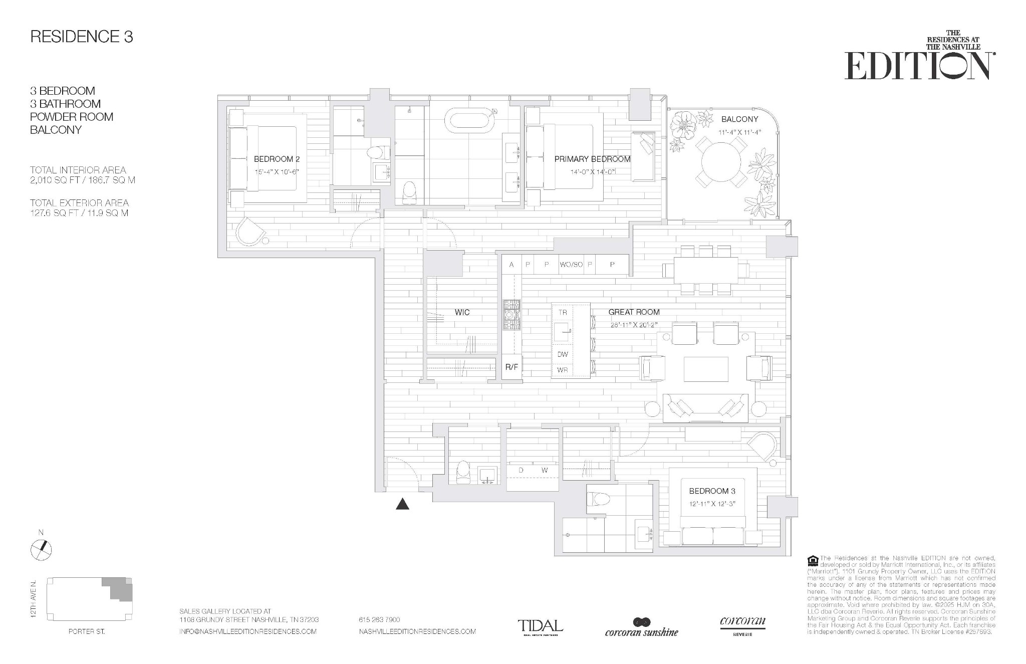 Floor plan for Residence 3, a three-bedroom Nashville EDITION residence with a balcony.