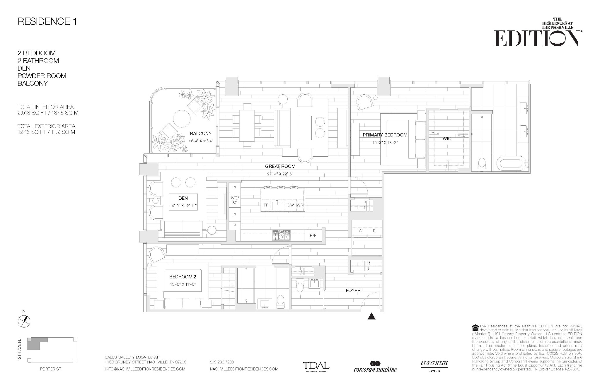 Residence 1 floor plan showing two bedrooms, a den, great room, kitchen, and balcony.