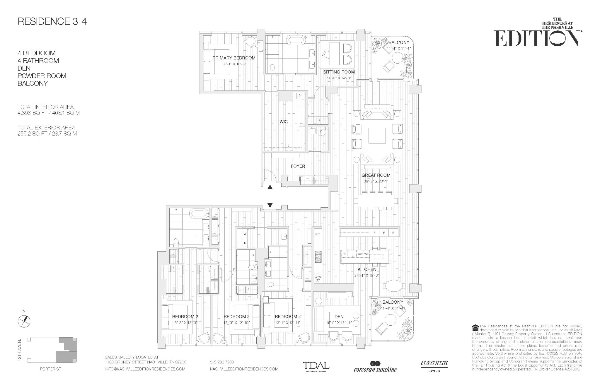 Floor plan for Residence 3-4, a four-bedroom home with a den, great room, kitchen, and two balconies.