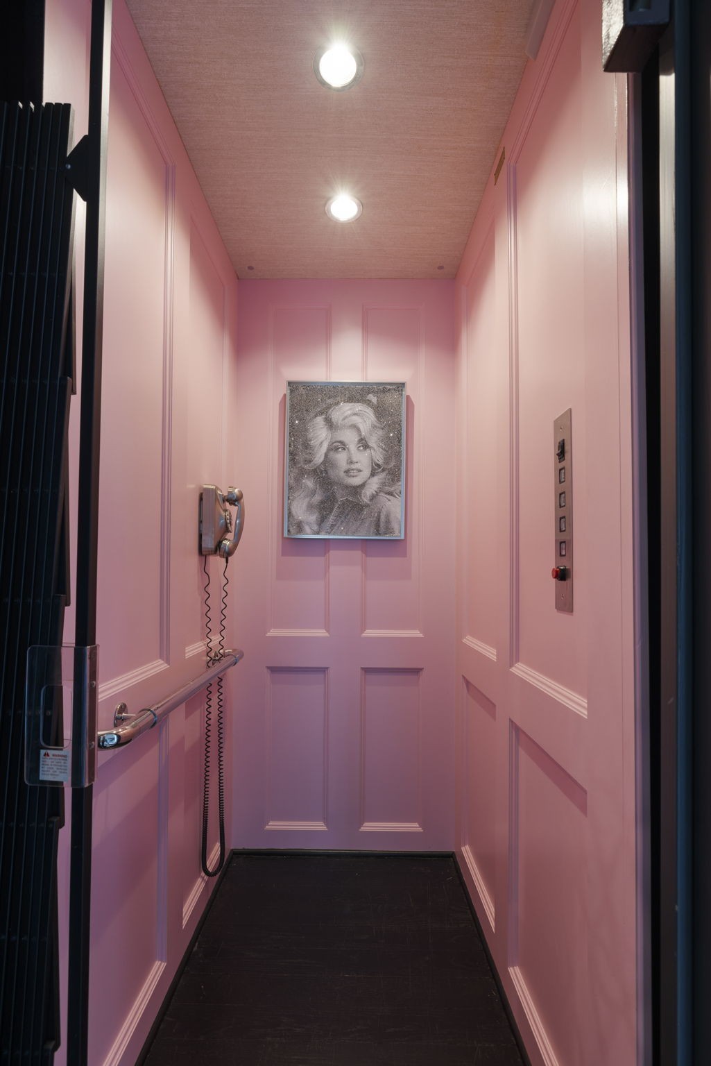 Pink-paneled residential elevator with a wall telephone, metal handrail, and framed portrait.