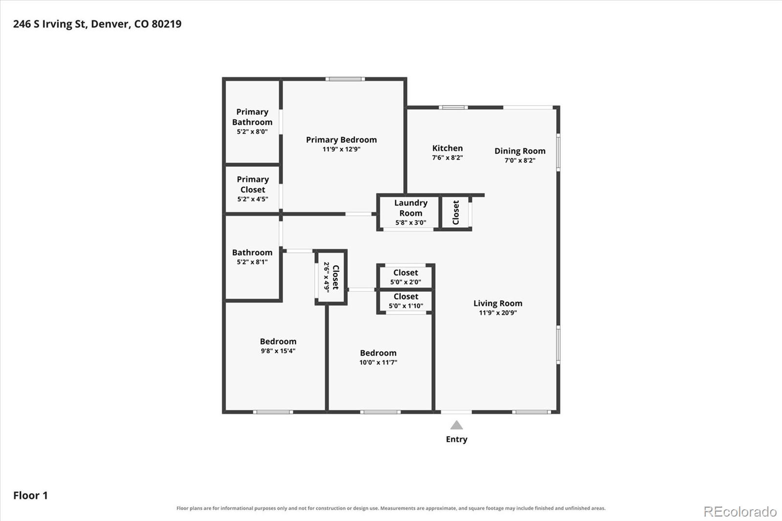 Floor plan showing three bedrooms, two bathrooms, kitchen, dining room, living room, and laundry room.