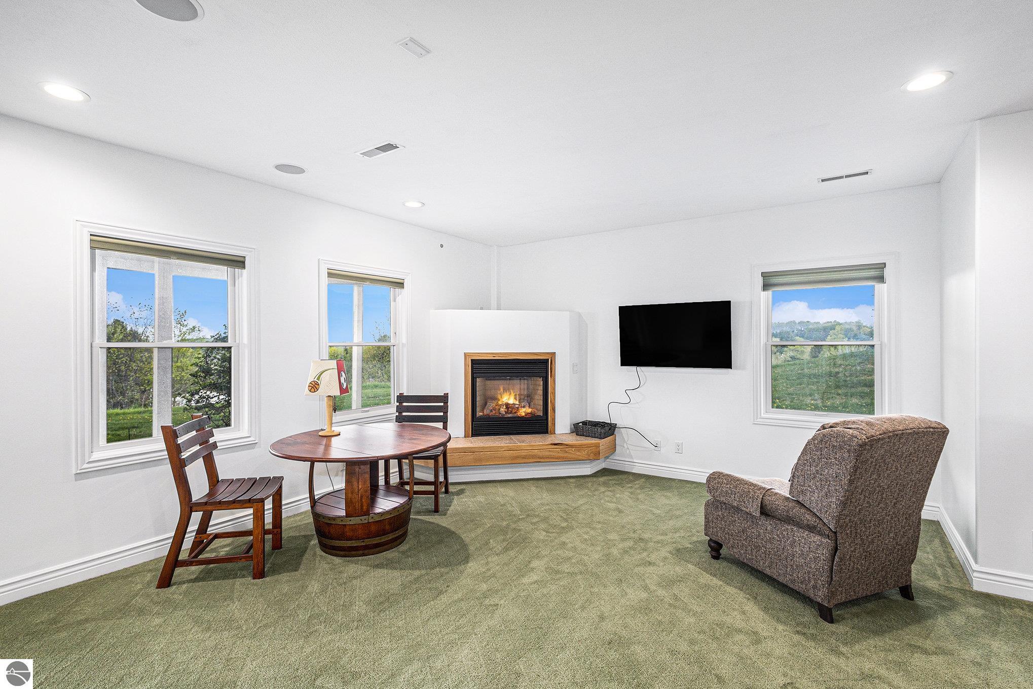 Furnished living room with a corner fireplace, green carpet, and windows overlooking a grassy yard.