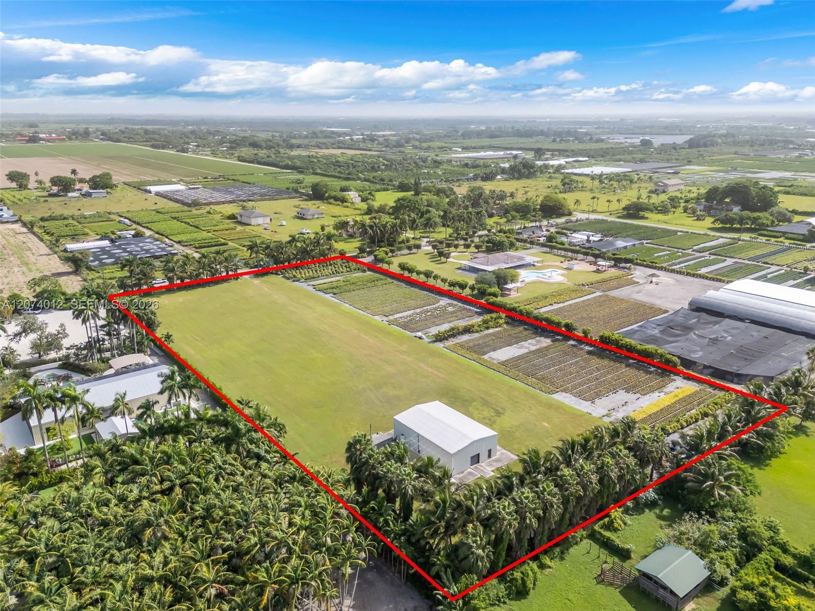 Aerial property with red boundary, grassy clearing, cultivated fields, and palm trees.