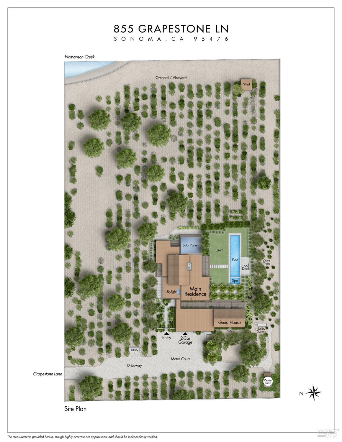 Site plan of 855 Grapestone Lane showing the residence, guest house, pool, spa, and vineyard.