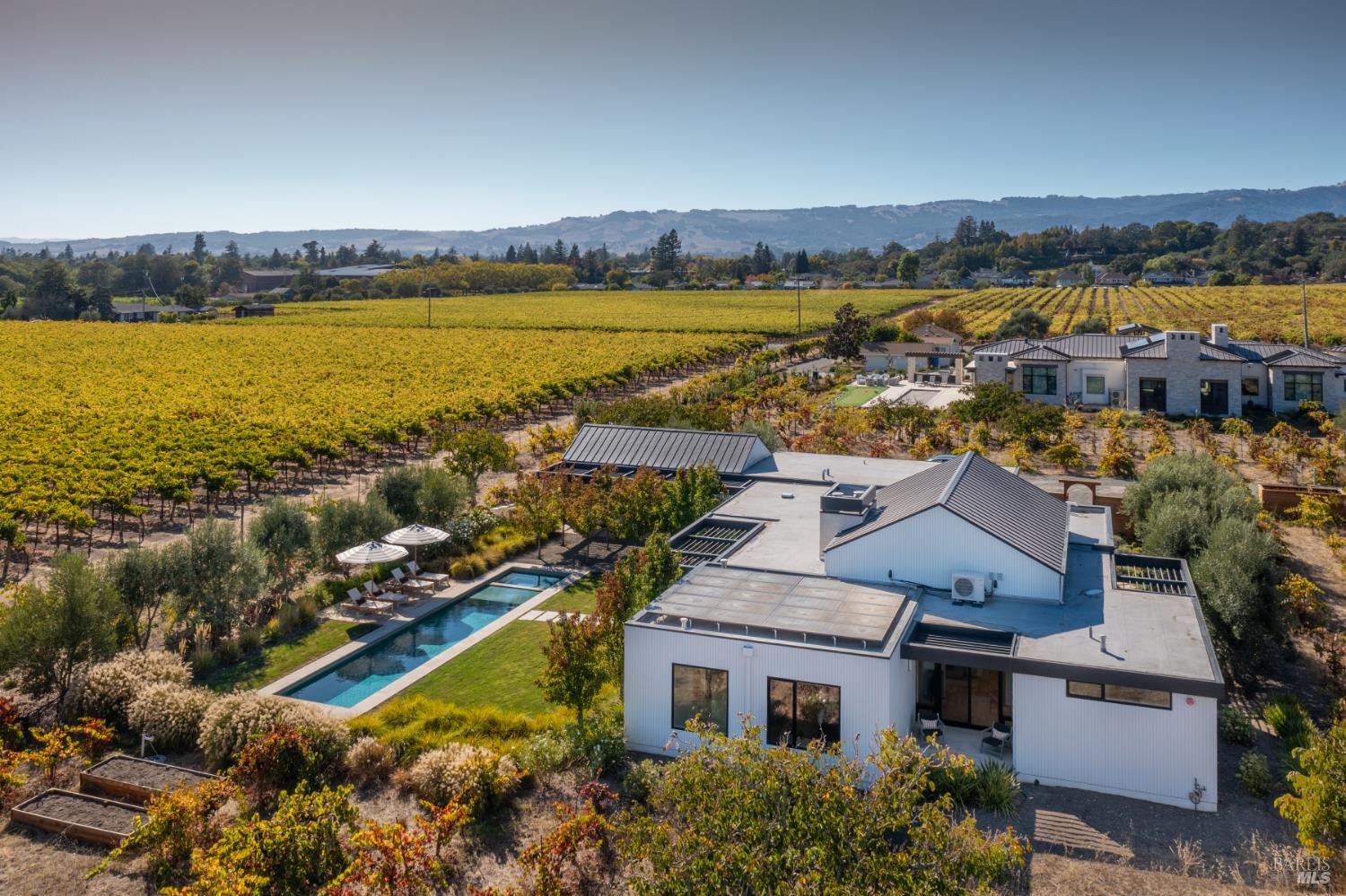 Modern white home and swimming pool amid Sonoma vineyard rows, with hills in the distance.