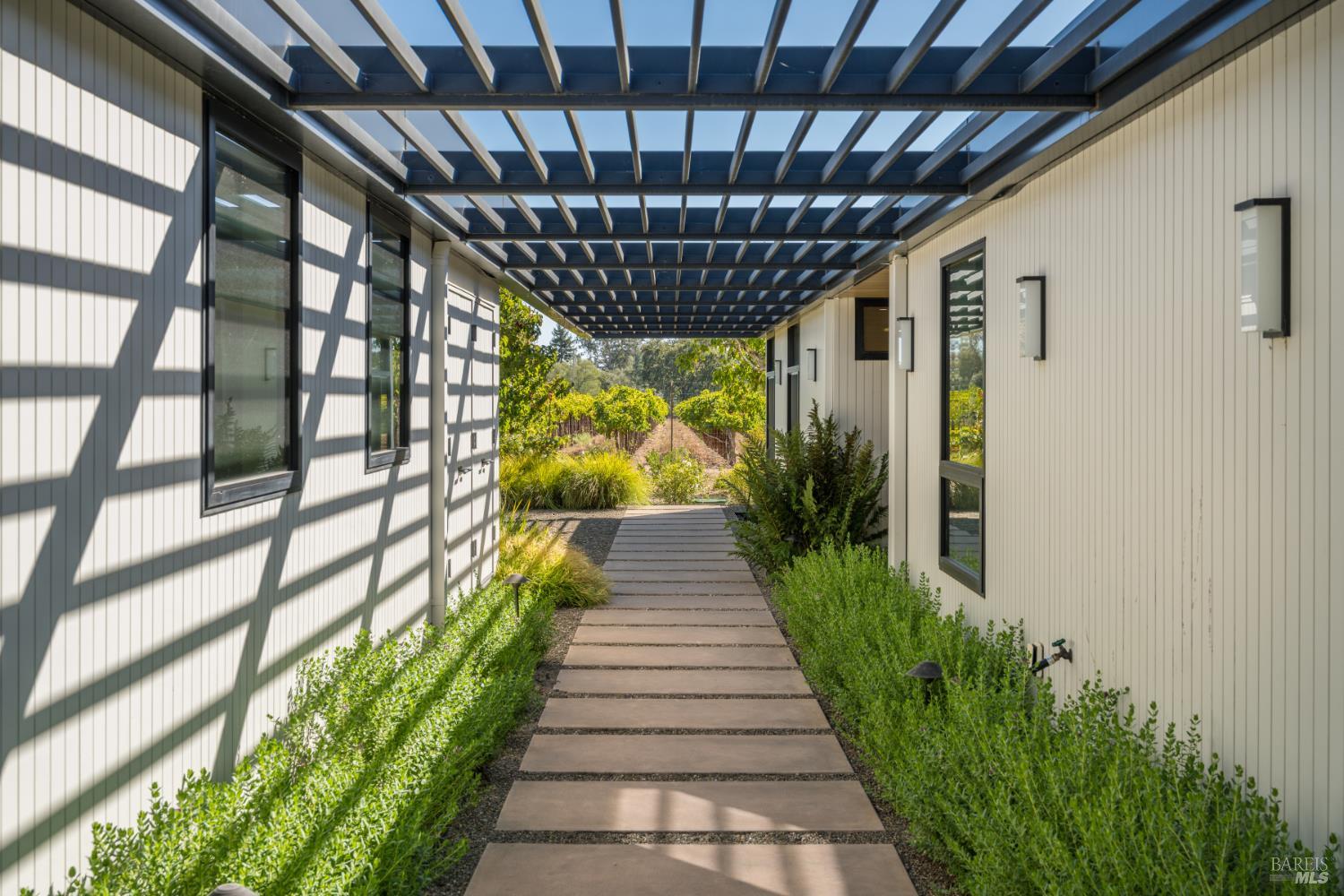 Covered walkway with a dark pergola, stepping-stone path, and grapevines beyond.