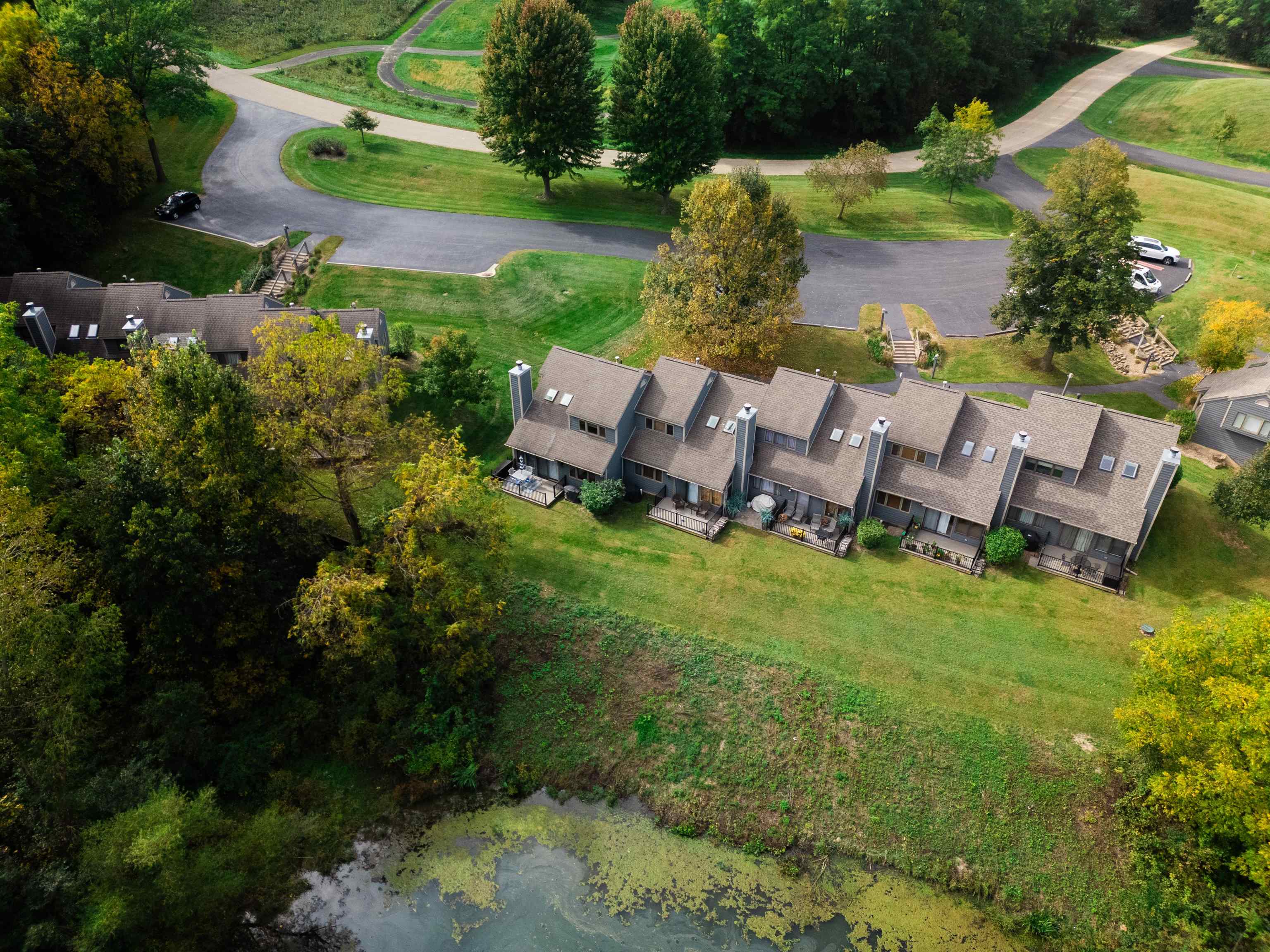 Aerial view of attached homes beside a tree-lined road and a small pond.