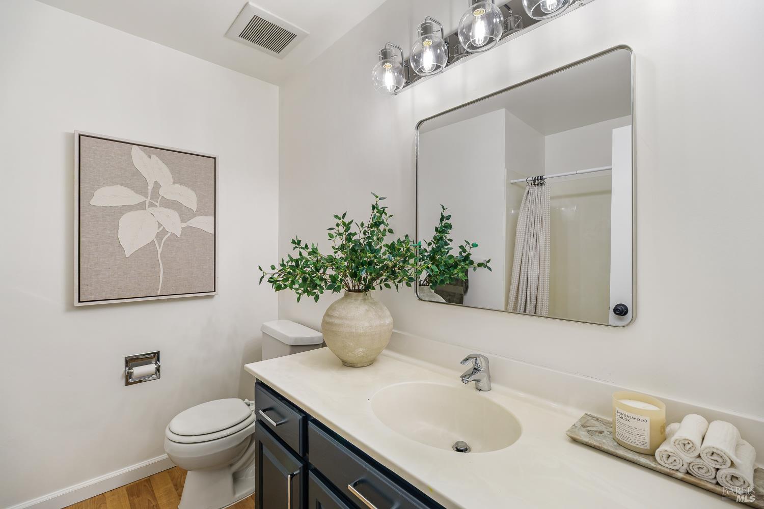 Bathroom vanity with an oval sink, dark cabinetry, large mirror, and glass-shade lights.