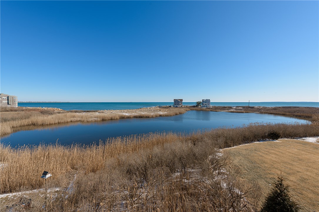 Marsh pond and reeds in the foreground, with the ocean and coastal homes beyond.