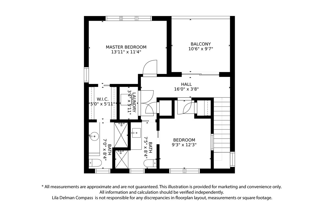 Floor plan showing two bedrooms, two bathrooms, a walk-in closet, laundry, and balcony.