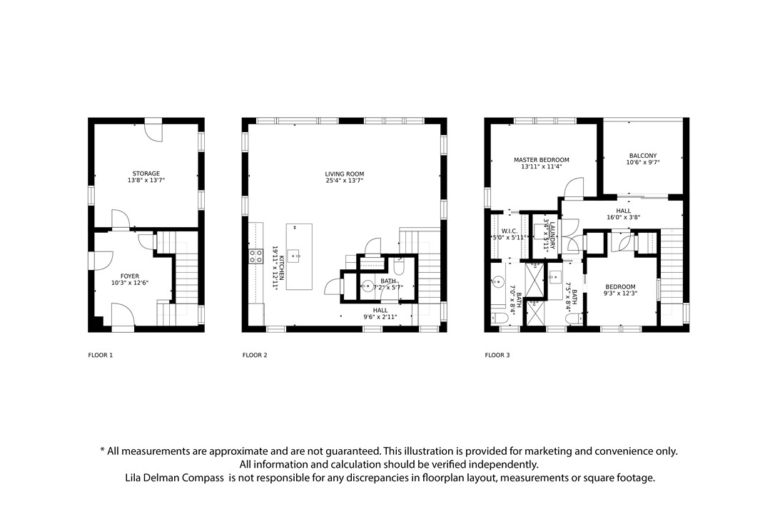 Three-floor home layout with labeled rooms, dimensions, and a third-floor balcony.