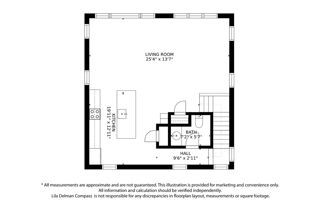 Floor plan showing a large living room, kitchen, bathroom, hall, and staircase.