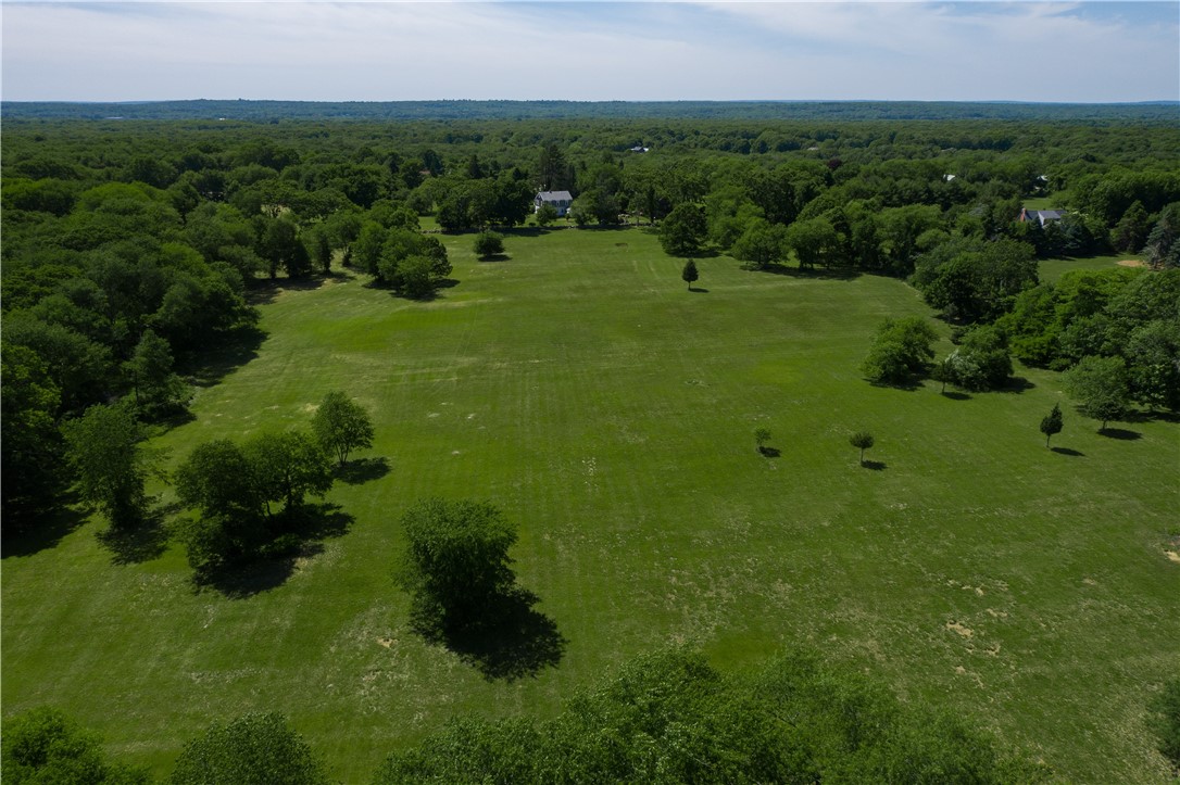 Aerial view of an expansive lawn dotted with trees and bordered by dense woodland.