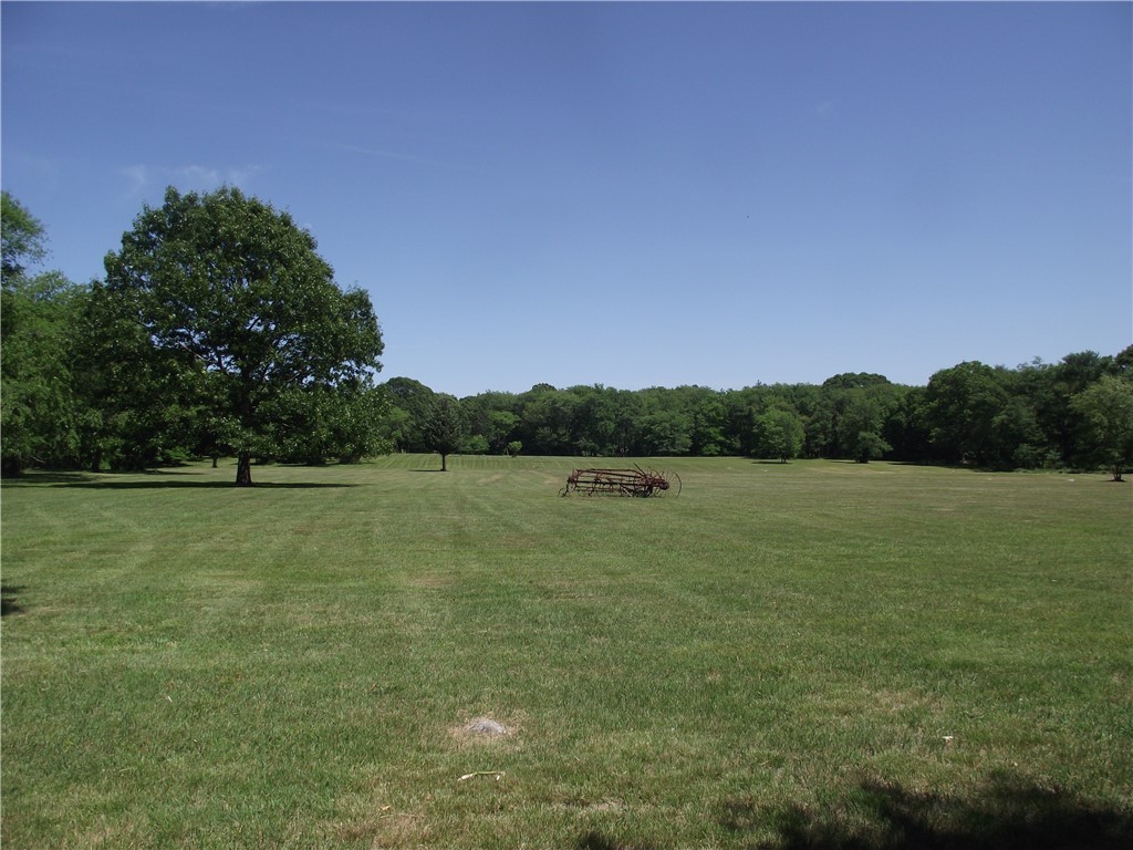 Open grassy field bordered by mature trees, with a large shade tree and an old farm implement.
