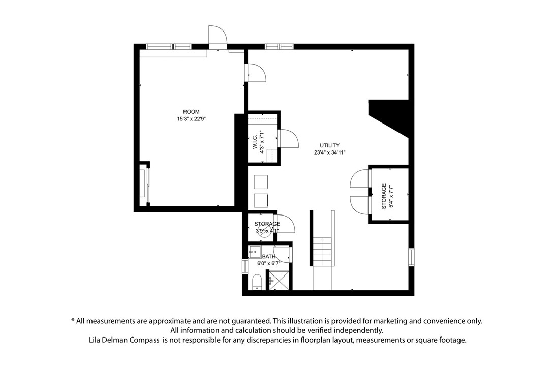 Floor plan with a large room, utility area, walk-in closet, storage spaces, bath, and stairs.