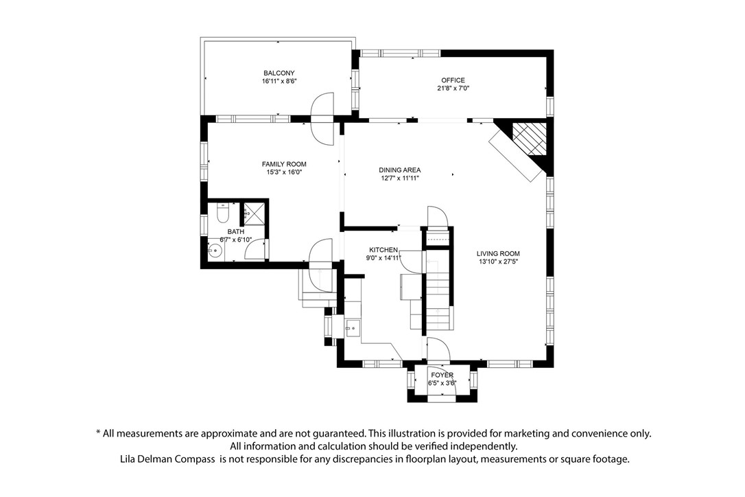 Floor plan showing a balcony, office, family room, dining area, kitchen, living room, bath, and foyer.
