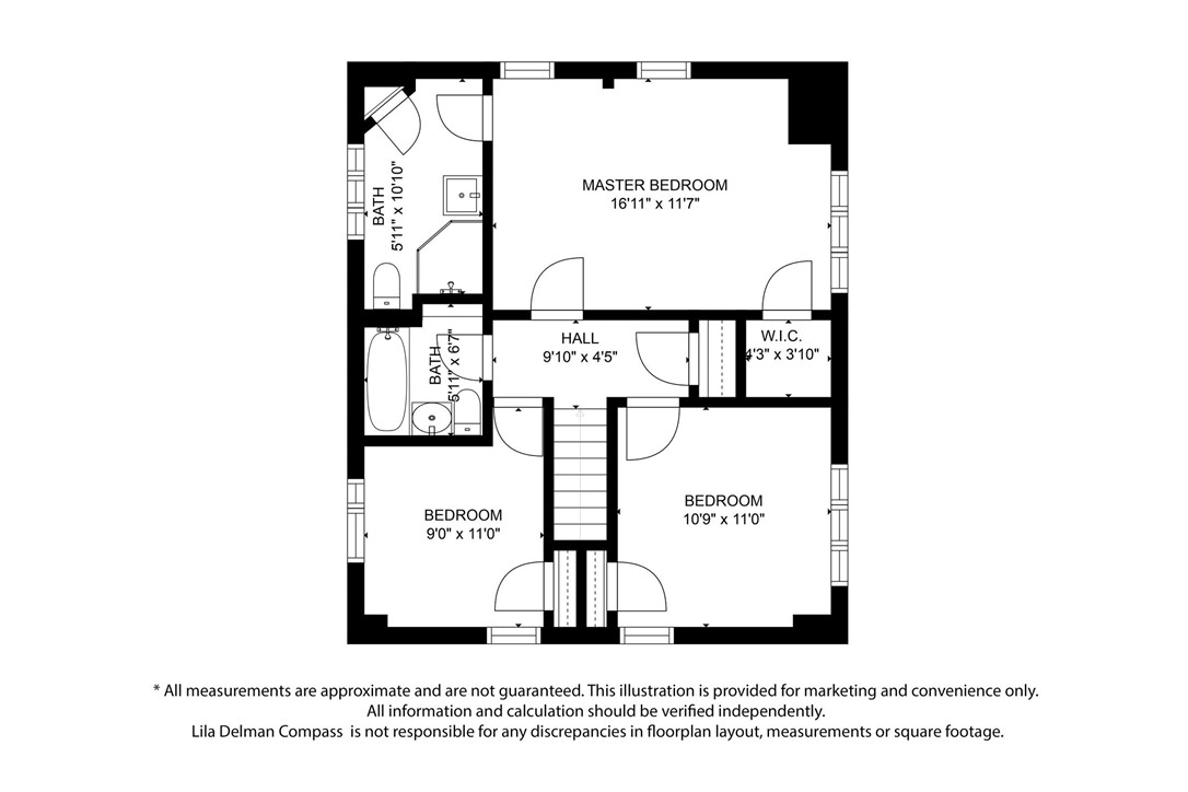 Upper-level floor plan with a master bedroom, two bedrooms, two bathrooms, a hall, walk-in closet, and central staircase.