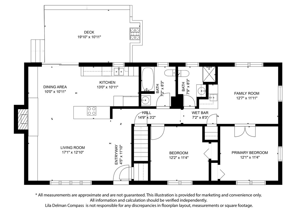 Floor plan showing two bedrooms, two baths, living and family rooms, kitchen, and deck.