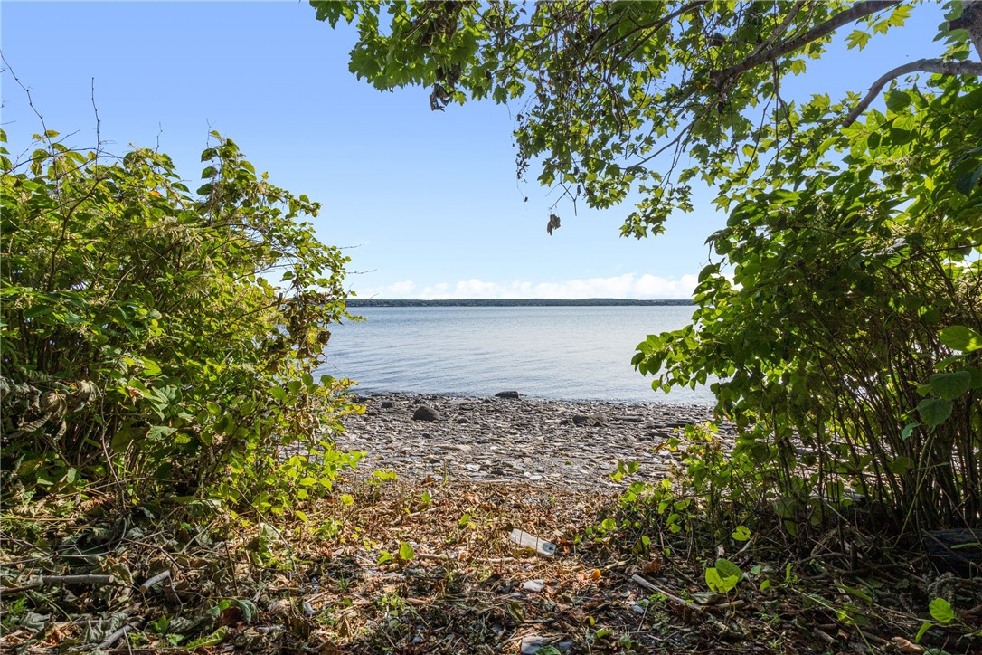 Rocky shoreline and calm water framed by leafy trees and shrubs.