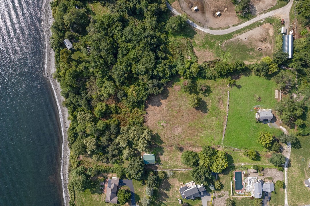 Aerial view of a wooded waterfront lot with an open clearing beside the shoreline.