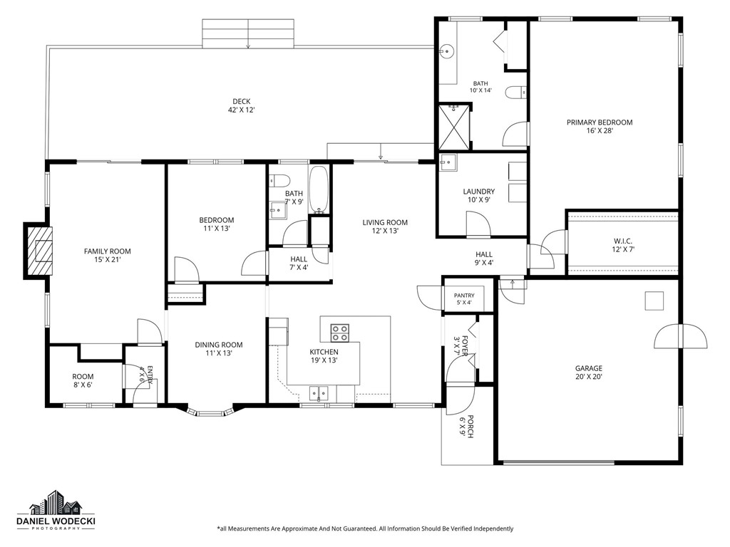Floor plan of 22 Noble Street, with labeled rooms and dimensions, a large deck, and an attached garage.