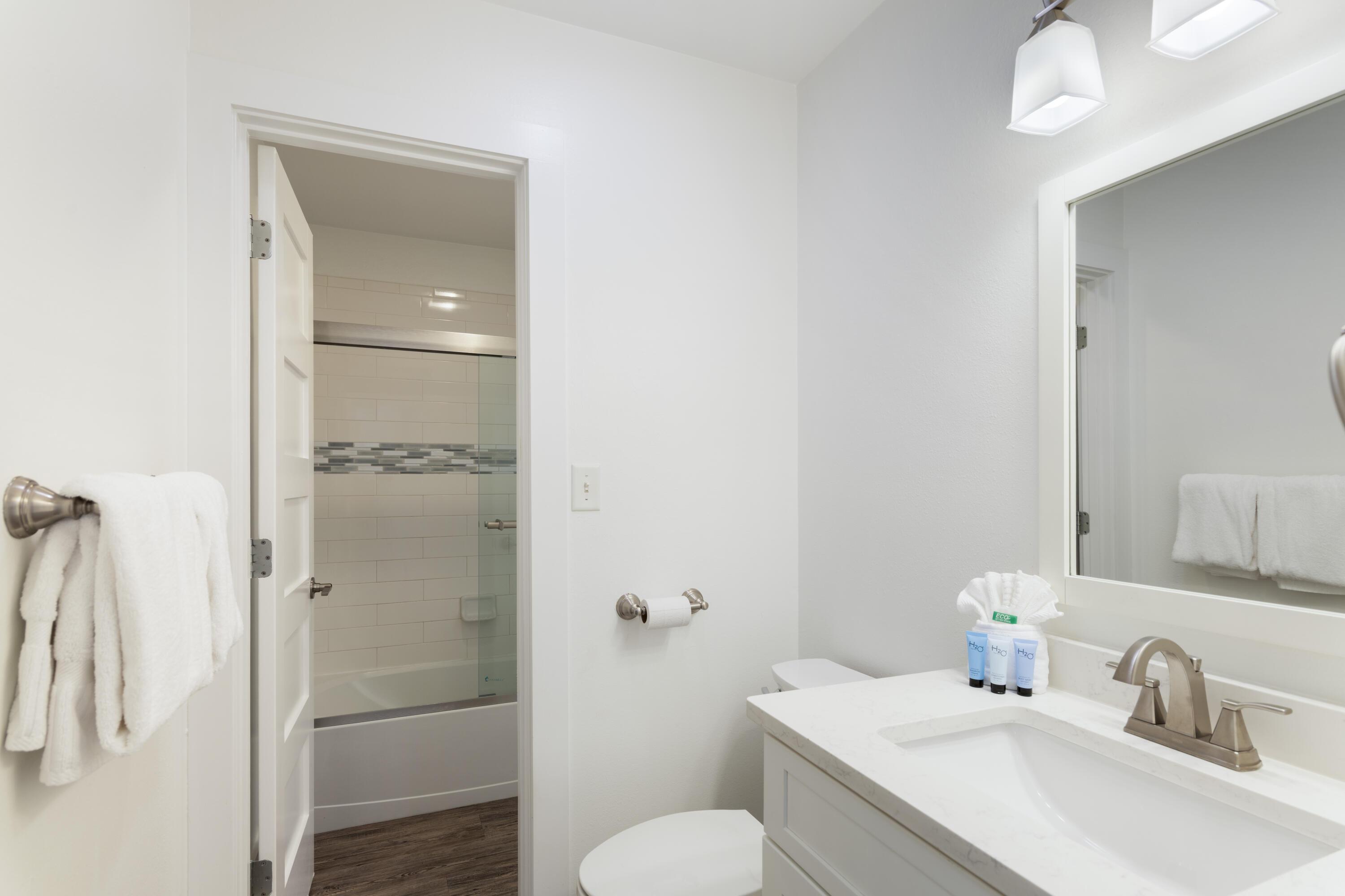 Bathroom with a white vanity and mirrored wall, opening to a glass shower with a mosaic tile accent.