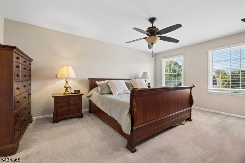 Bedroom with a dark wood four-poster bed, matching furniture, beige carpet, and two bright windows.
