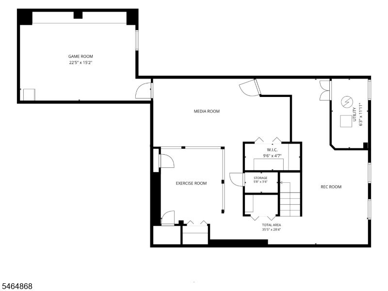 Lower-level floor plan showing game, media, exercise, and recreation rooms.