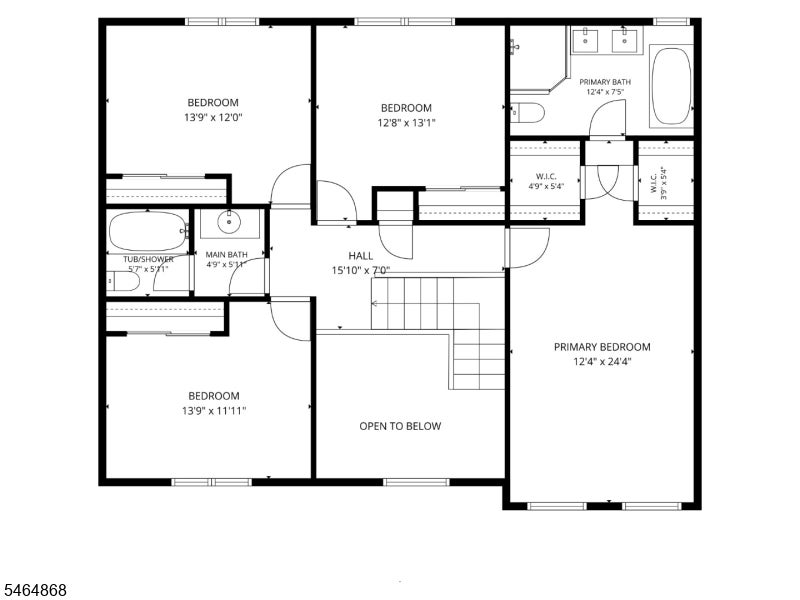 Upper-level floor plan with three bedrooms, two bathrooms, walk-in closets, stairs, and an open-to-below area.