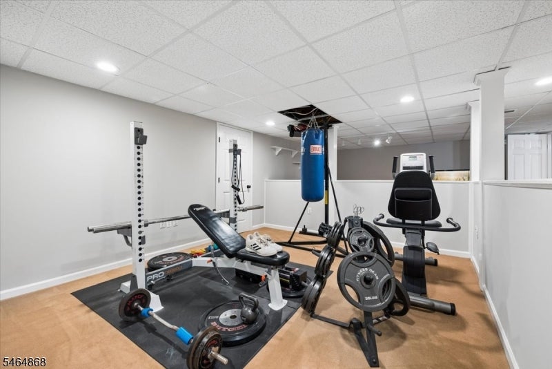 Basement gym with a weight bench, free weights, punching bag, and stationary exercise bike.