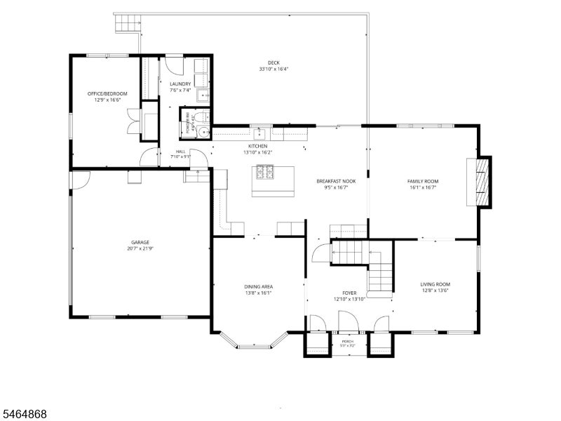 Floor plan of 11 Cory Ln showing the room layout, large deck, and attached garage.