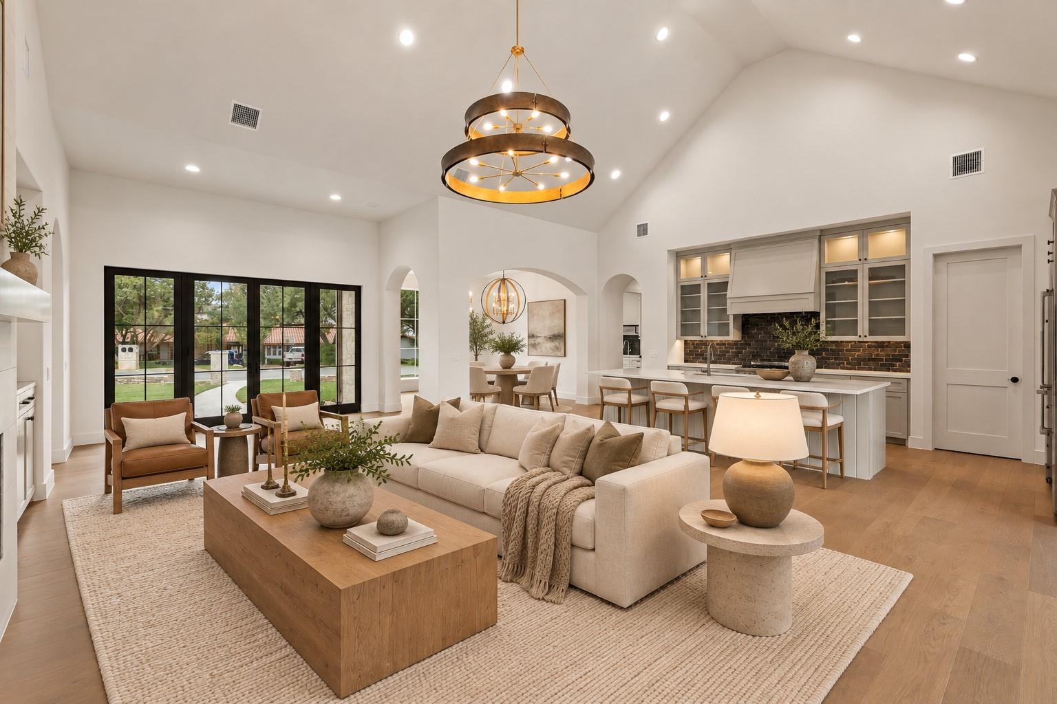 Open-plan living room and kitchen with vaulted ceilings, a ring chandelier, and black-framed glass doors.