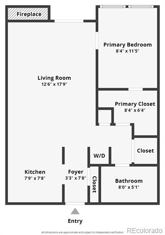Floor plan showing a living room with fireplace, kitchen, primary bedroom, closets, bathroom, and entry.