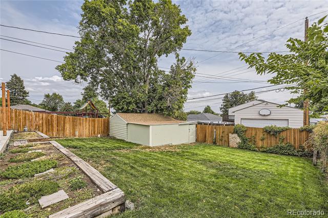 Backyard with a broad lawn, raised garden beds, a small shed, and a wooden fence.