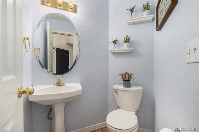 Bathroom with a pedestal sink, oval mirror, gold fixtures, and a toilet beneath small plant shelves.