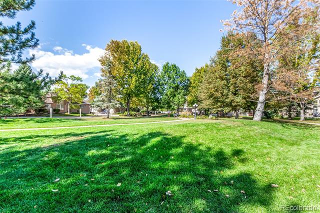 Landscaped green lawn framed by mature trees, with homes in the background.