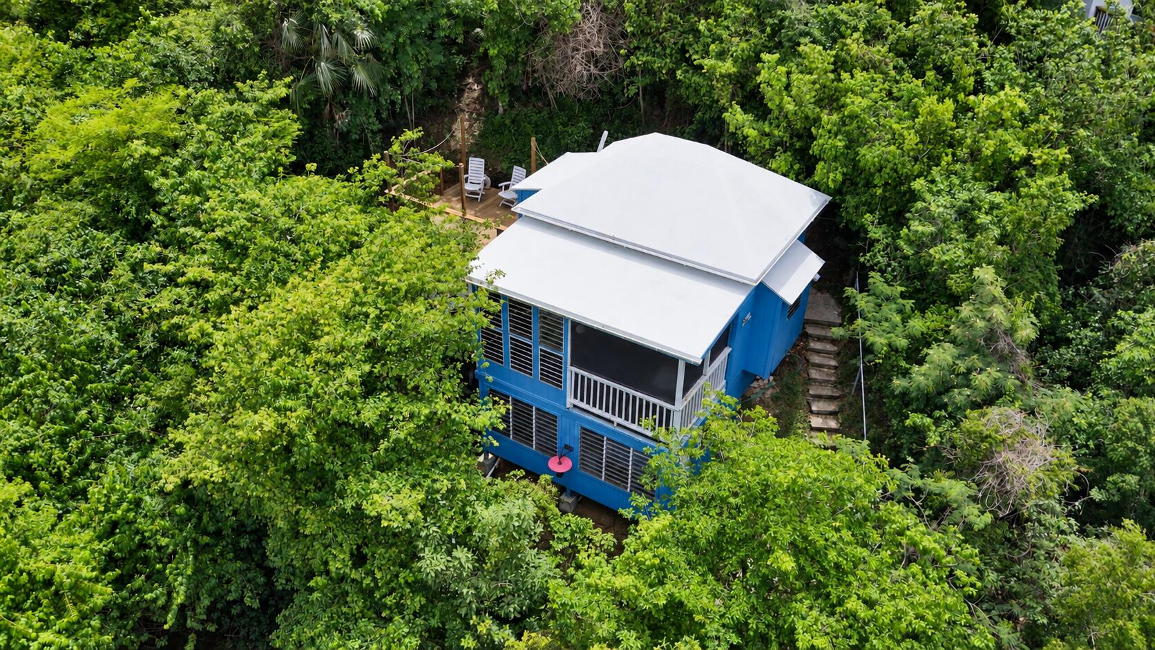Blue two-story house with a white roof and balcony amid dense tropical greenery.