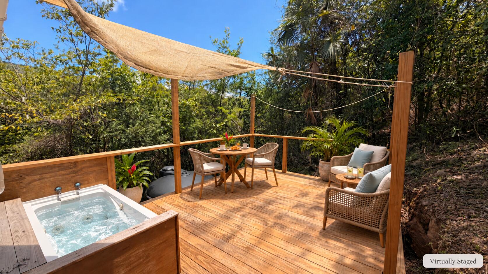 Outdoor deck with a built-in hot tub, shade sail, and wicker dining and lounge furniture.